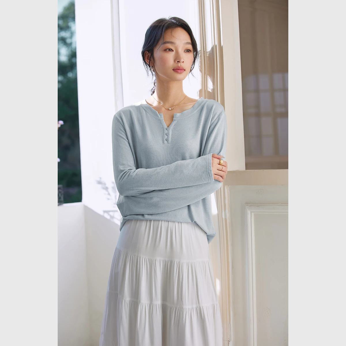 VIMLY ريترو بسيط تي شيرت للمرأة 2025 الخريف جديد الخامس الرقبة الصلبة تيز تنوعا الأساسية البلوز القمم الملابس النسائية A0633 #2