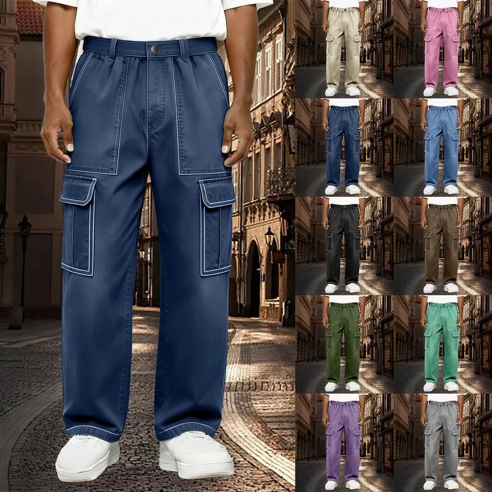 2026 New Men Spring Autumn Multi Pocket Simple Denim Long Pants Fashion Desin Versatile Casual Work Pants