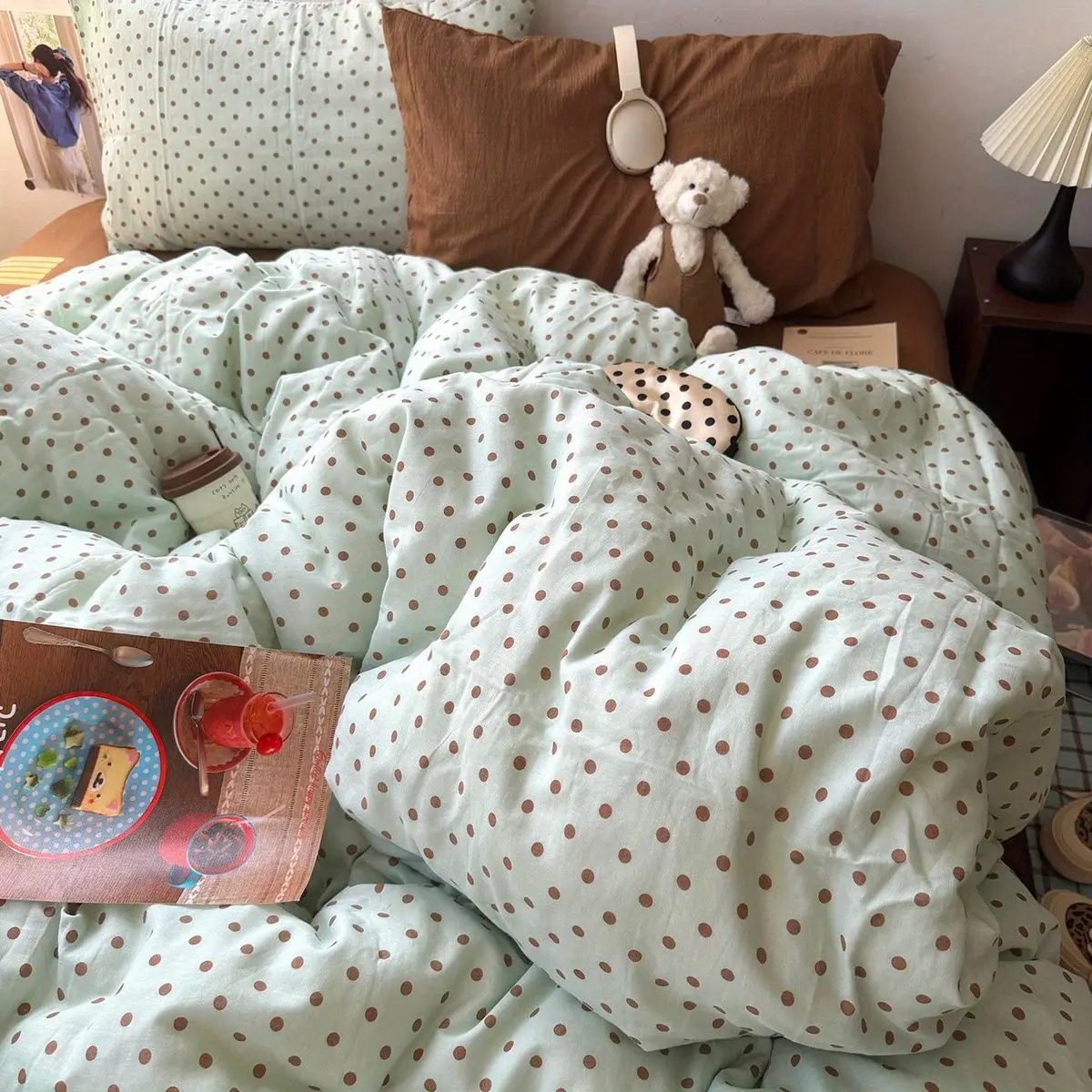 Green Dot Bedding Set Ins Style Korean Single Double Size Pillowcase Bed Sheet Duvet Cover No Filler Boy Girl Home Bed Decor