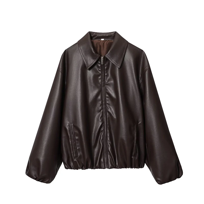 

RAFZNB Women's Faux Leather Bomber Jackets Coats Fashion Turn-down Collar Long Sleeve Coats Vintage Female Outerwear Chic Tops
