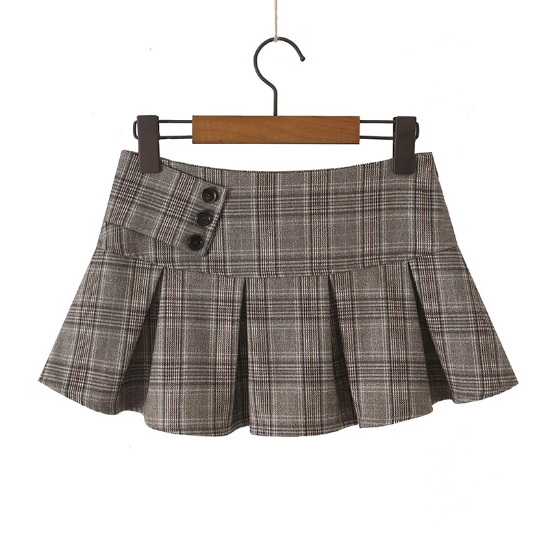 Fashion Women Plaid Pleated Skirt Multi‑Button Decor High Waist Vintage Y2K Mini Skirts