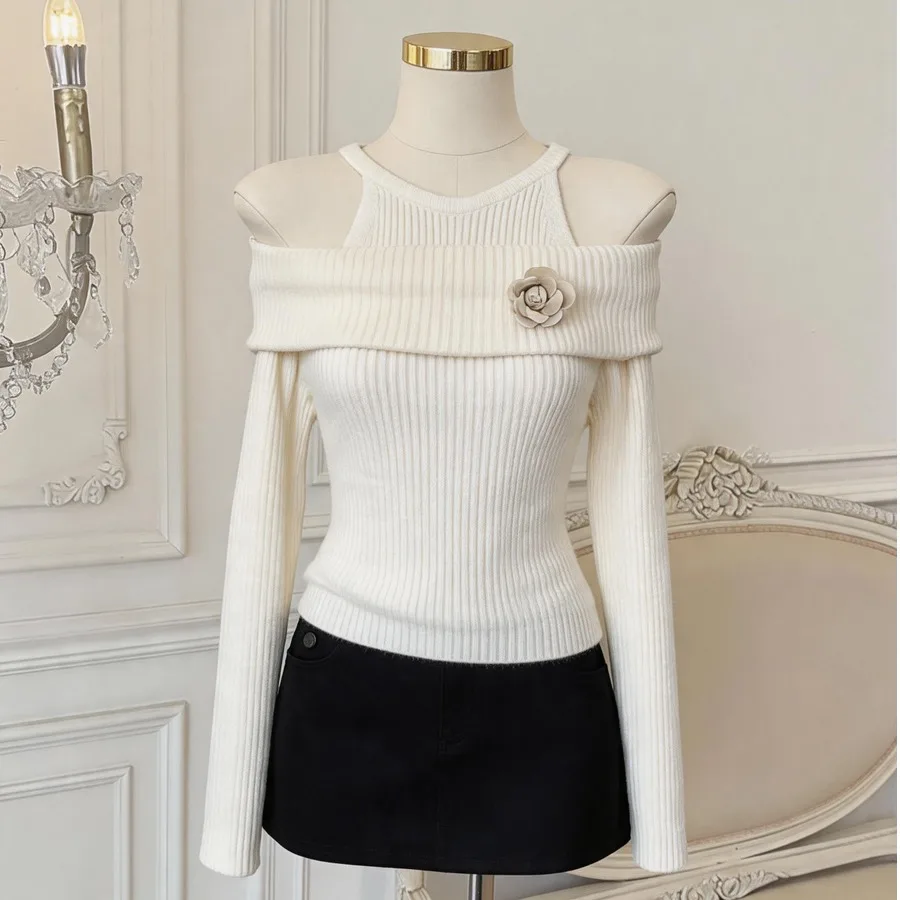 Korean Design Long Sleeve Shoulder Bared Knitted Sweater Women's Slimming Fashionable Autumn New Style One Shoulder Top
