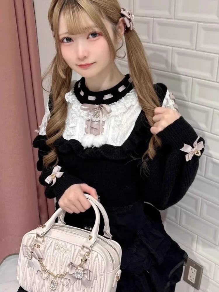 Japanische süße vielseitige Liz gestrickte Top Rundhals Schleife Off-Shoulder Langarm Spitze gespleißt Pullover Pullover für Frauen Herbst