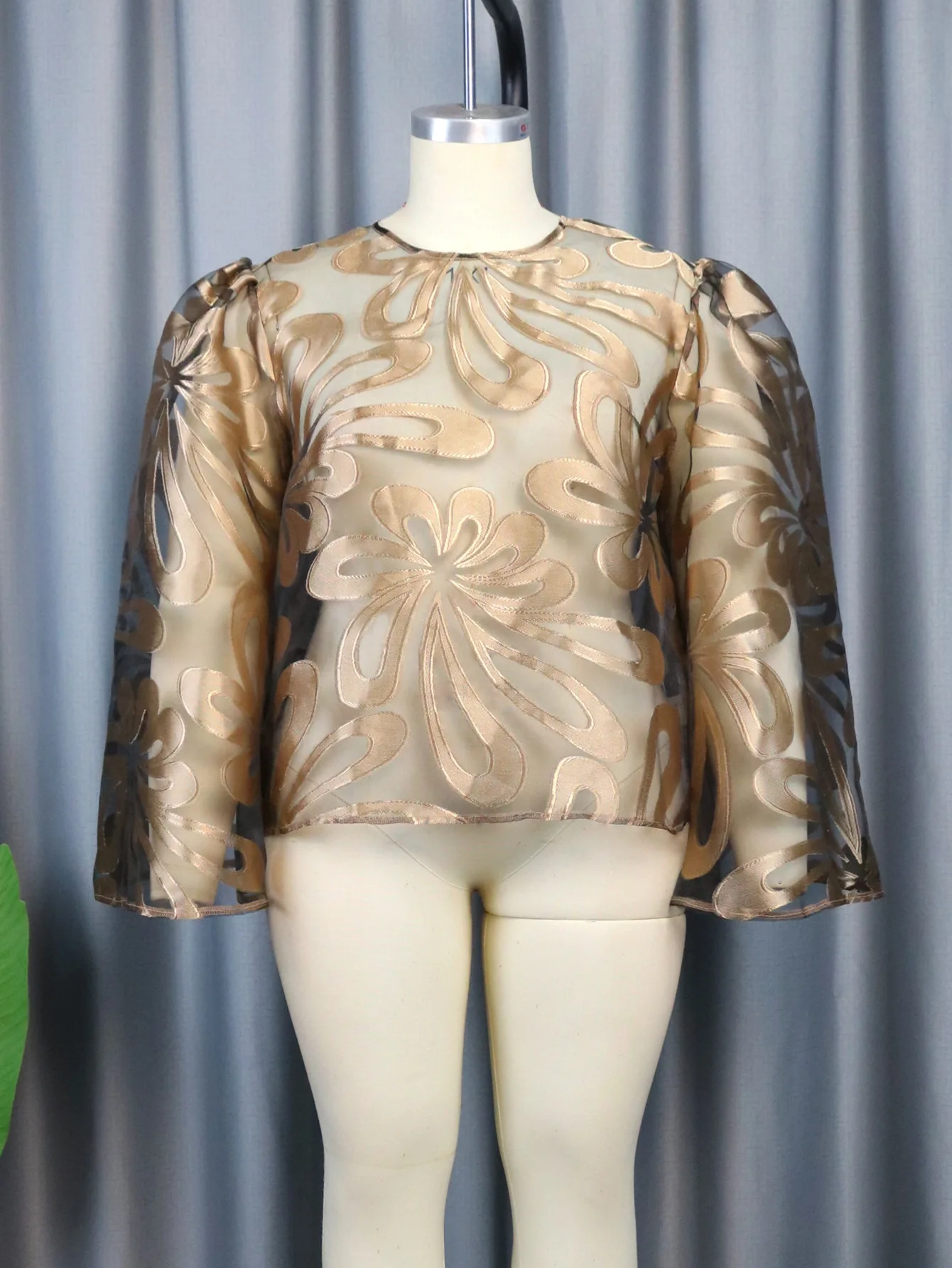 Sexy Fashion Party Blouses for Women 2023 See Through Mesh Tops Loose Long Flare Sleeve Jacquard Fabric Shirt Evening Club