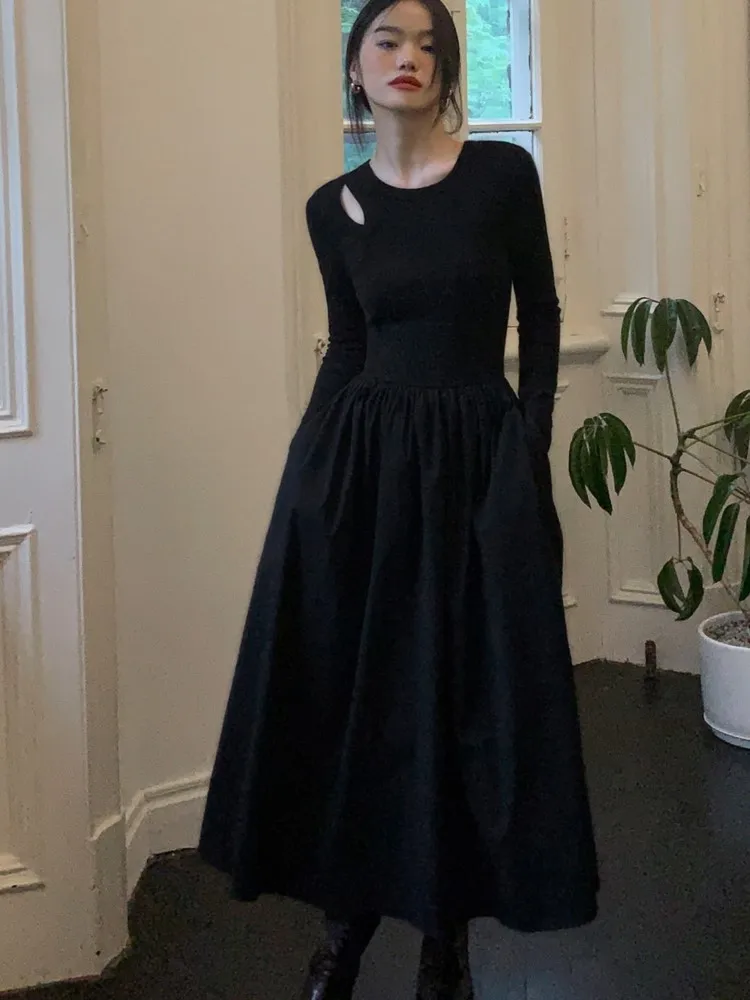 

Women Elegant Knitted Dress Autumn New Vintage Black Long Sleeve Hollow Out Dresses Korean Casual Fashion Chic Vestidos Female