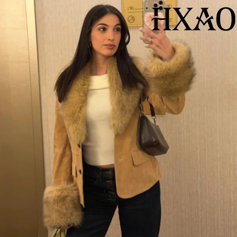

HXAO пиджаки из искусственного меха для женщин, приталенная куртка из искусственной кожи, замшевая куртка, женский укороченный зимний элегантный женский блейзер на заказ