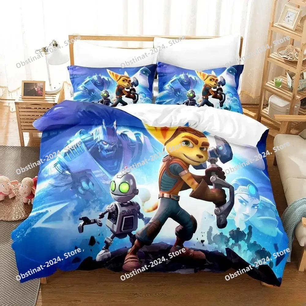 Juego 3d de cama con trinquete y Clank Rift Apart, juego de cama impreso, funda nórdica, sábana, funda de almohada, colcha suave, tamaño Queen y King