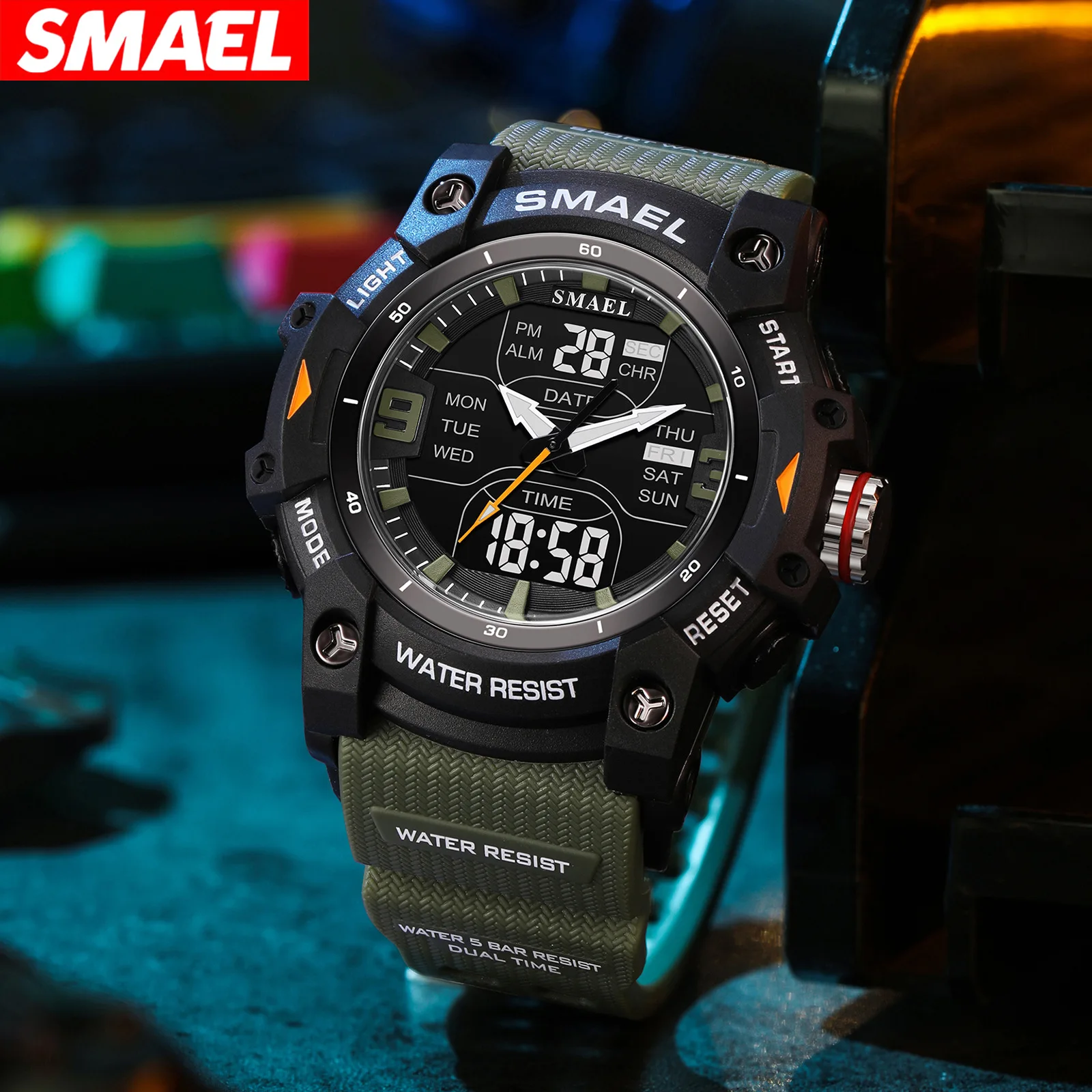 SMAEL Men Dual Display Sports Quartz Watch 50M Waterproof Swimming Wristwatch Multifunctional Alarm Calendar Watch