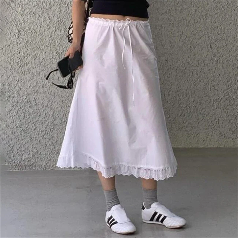

Women's skirt New high waisted slim fitting lace up long dress for autumn 2025 Lace patchwork pure cotton women's half skirt y2k