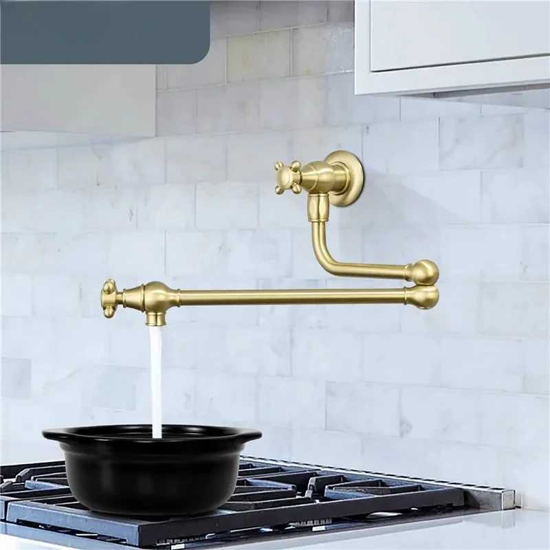 

Brushed Gold Pot Filler Tap Wall Mounted Foldable Gray Kitchen Faucet Single Cold Sink Tap Rotate Folding Spout Gold Brass