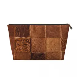 Custom Brown Checkered Cowhide Patche Travel Toiletry Bag Animal Fur Leather Texture Cosmetic Makeup Bag Beauty Storage Dopp Kit