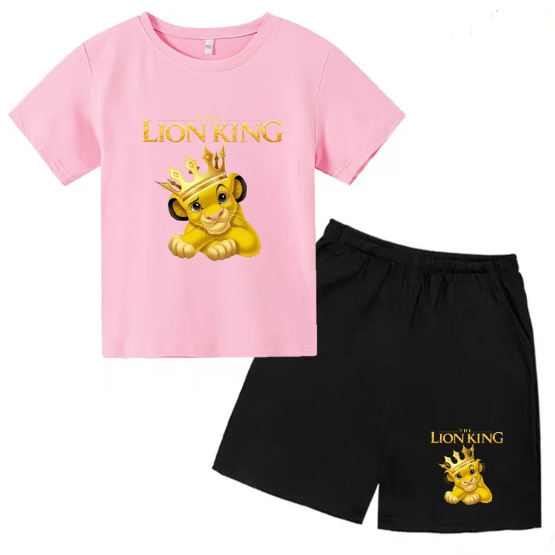 

Kids Summer Lion King Simba T-shirt Boys Girls 3-12Years Round-Neck Charming Casual Coat Short-Sleeved+Shorts Fashion Sports Set