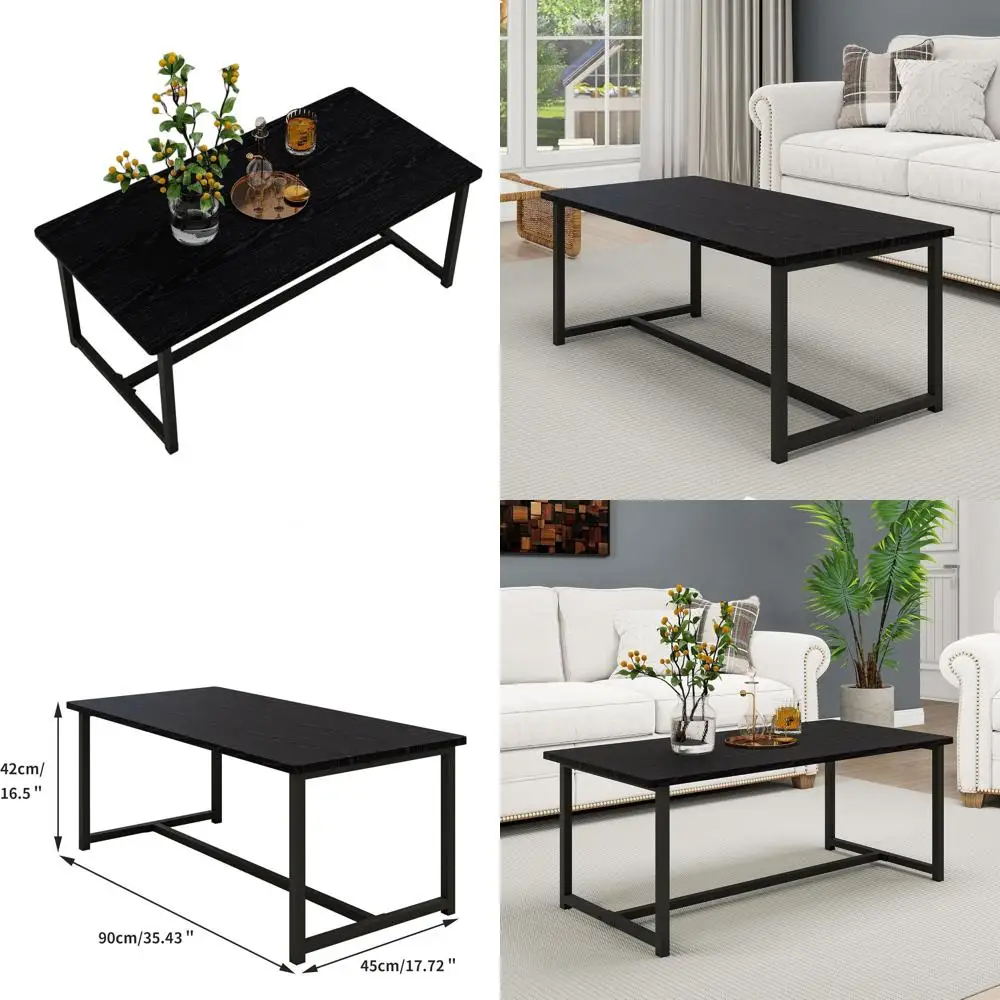 طاولة القهوة الصناعية الحديثة - مستطيلة، إطار معدني، توفير المساحة لغرفة المعيشة، المكتب، سهلة التجميع، أسود