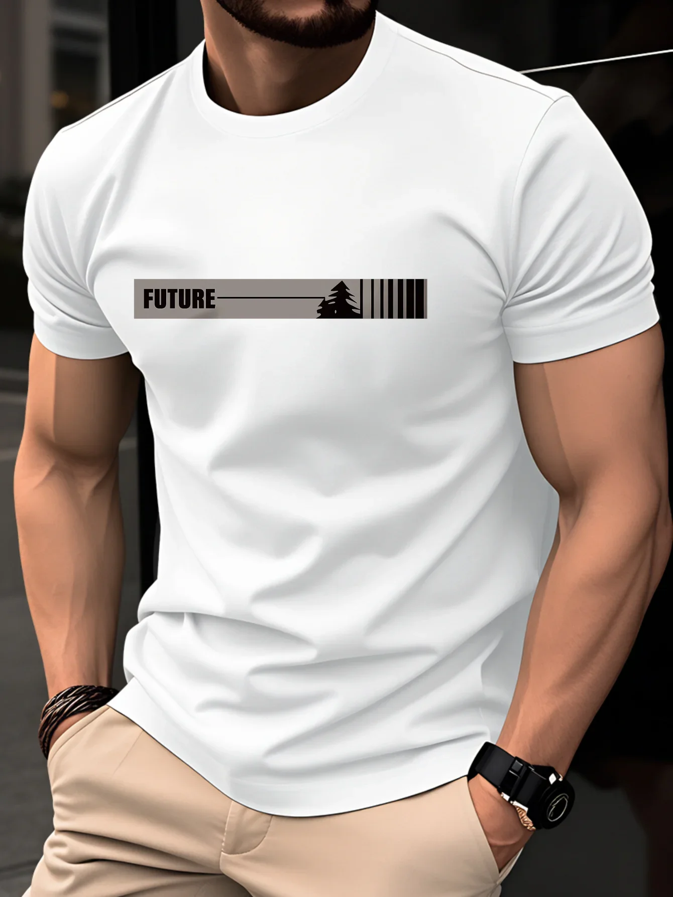 Simple Style Men's Black FUTURE Pine Tree Barcode Graphic T-Shirt 3D Print Short Sleeve Slim Fit Casual Streetwear Tee
