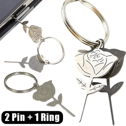 Silver Rose Shape Stainless Steel Needle Smartphone Sim Card Tray Removal Eject Pin Keychain Tool Universal Thimble Accessories