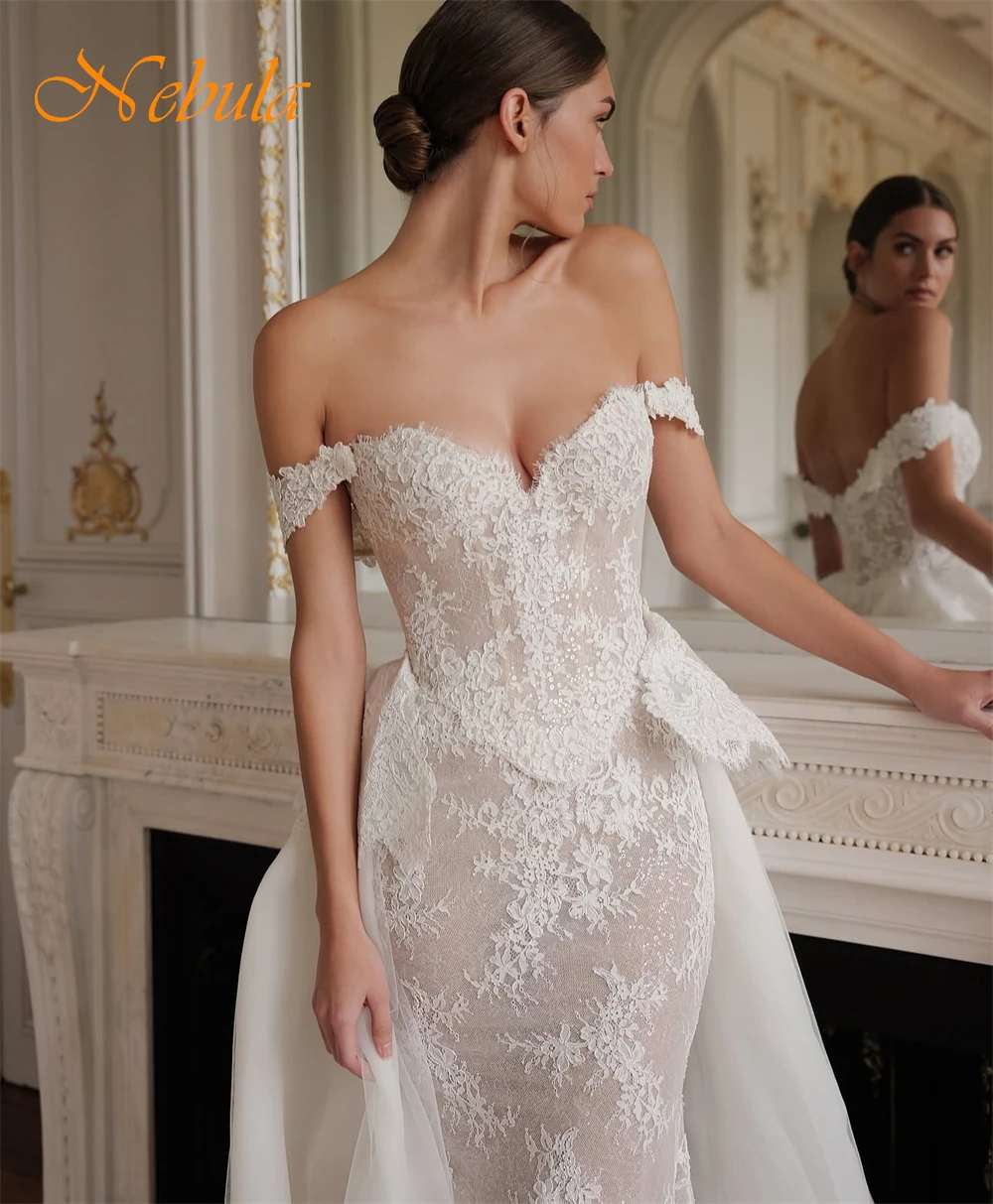 Customized Boho White Organza Wedding Dress Sexy Sweetheart Off the Shoulder Robe de mariée Soft Mermaid Court Train Bridal Gown