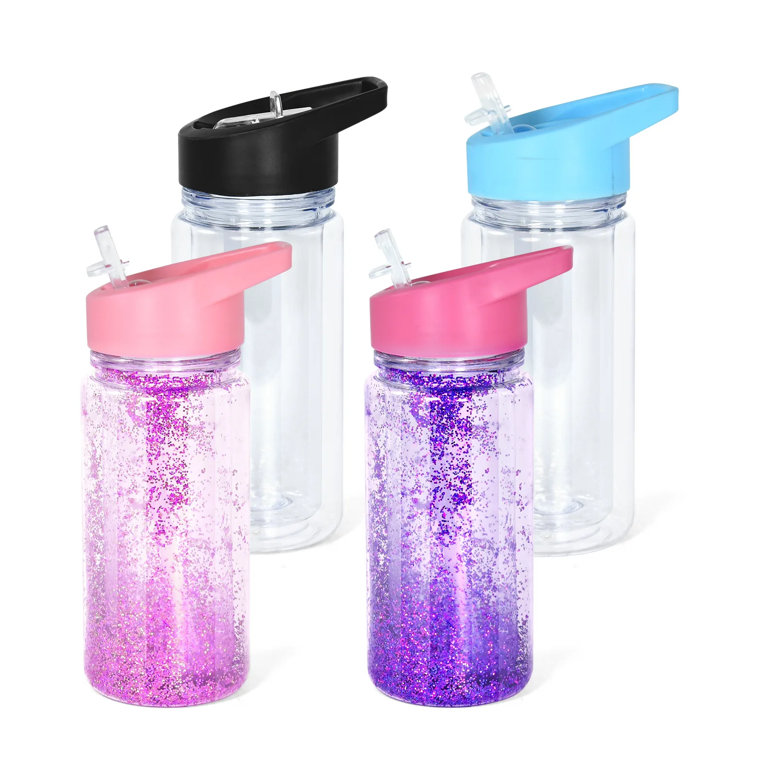 300/500ml Double-layer Children's Sports Plastic Water Bottle With A Straw and Handle, Bottom with A Hole, DIY Snowball Cup/MUG