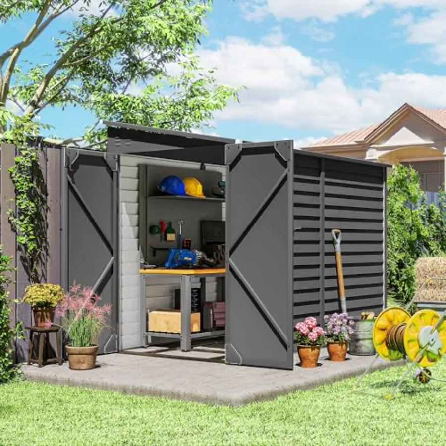 Outdoor storage shed for backyard patio lawn use, steel material, dark gray color, waterproof and lockable with foundation kit