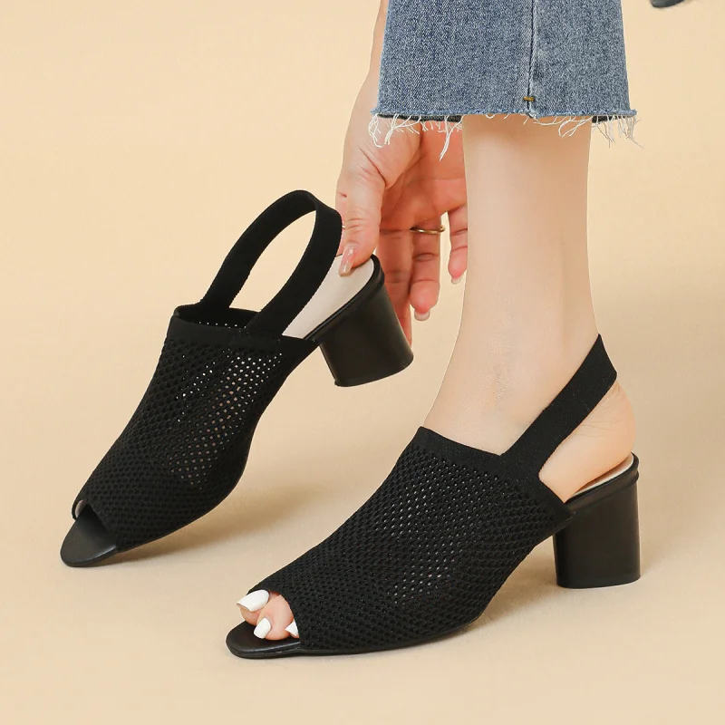 

Fish-mouth cutout breathable fabric high-heeled chunky-heel sandals for women, backless strap casual plus-size sandals