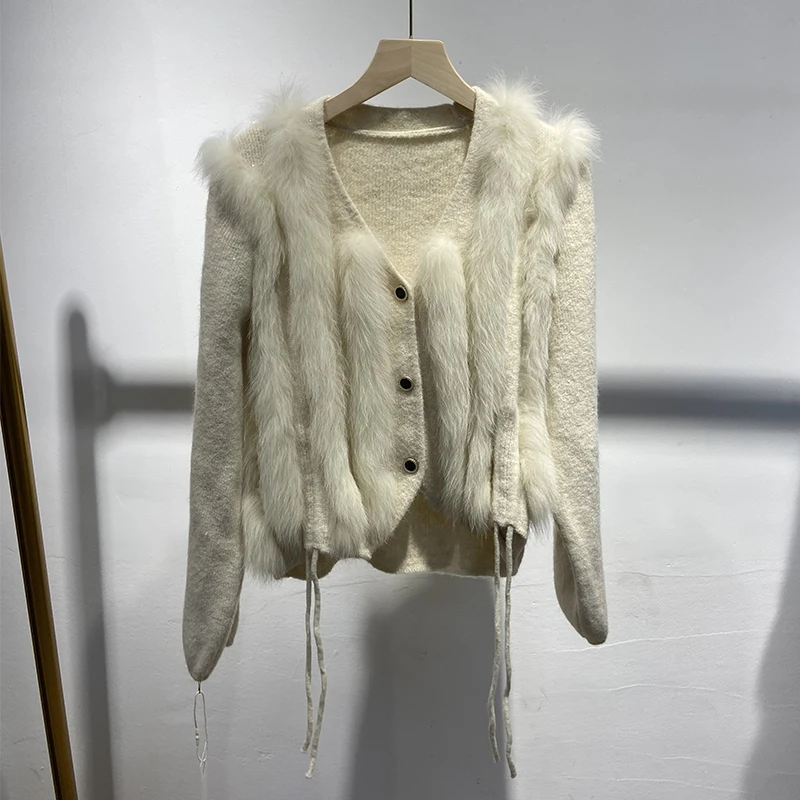 2025 겨울 여성용 숏 리얼 폭스 퍼 스웨터 리얼 퍼 스프링 슬림 니트 퍼 재킷