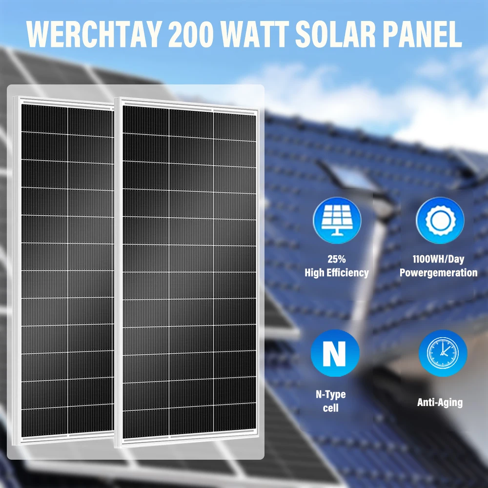 

WERCHTAY 200W 12V Solar Panel 18BB Monocrystalline High Efficiency Module for Roof Mount Off Grid Power Systems