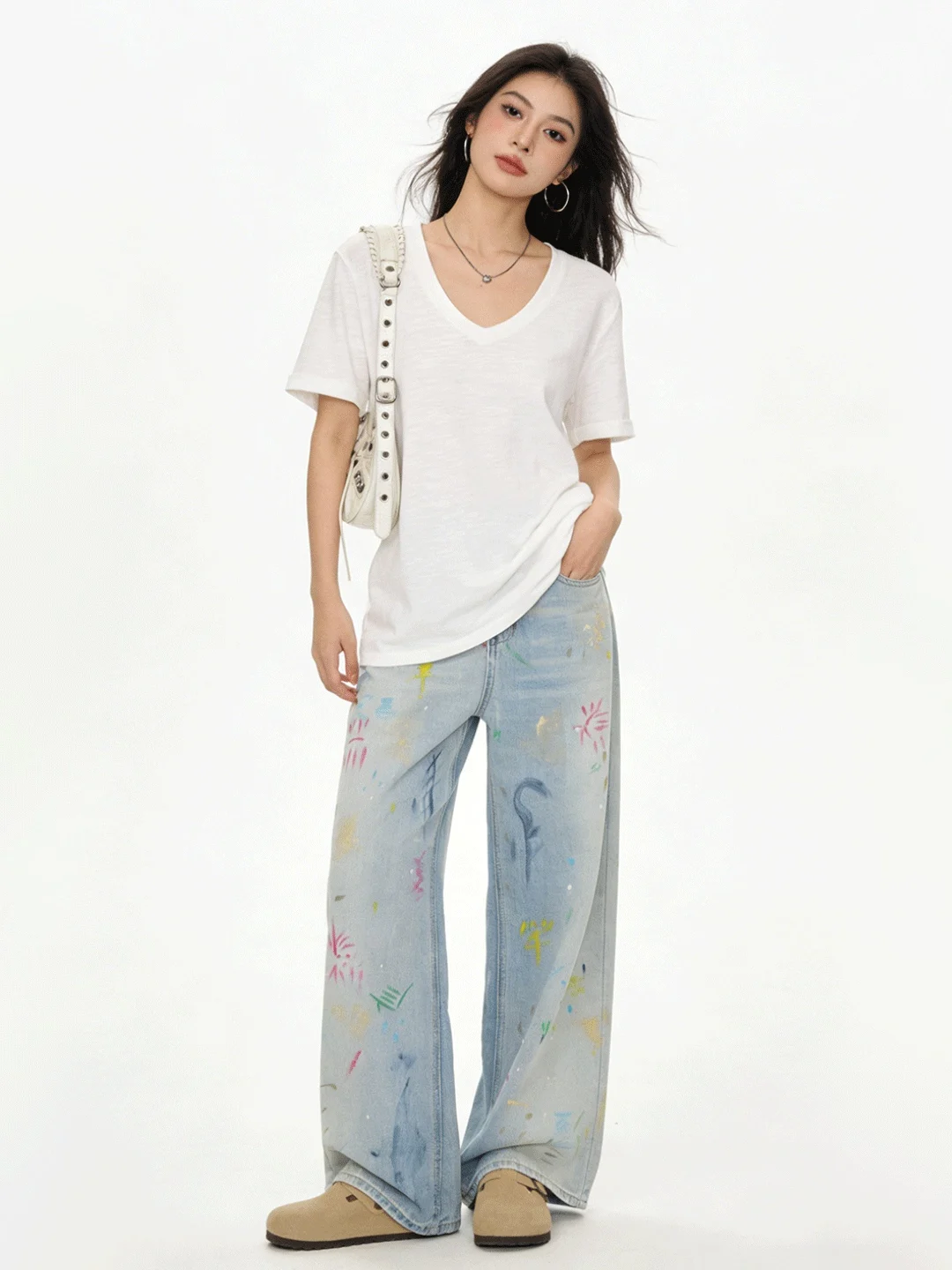 

Chic adient fiti Print Wide Leg Jeans High Waist Loose Fitting Slimming Floor Length Early Spring Korean Sle Denim Pants