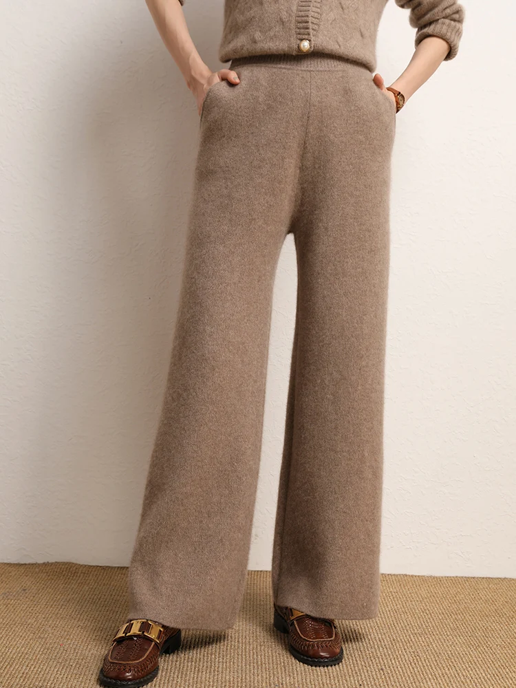 New Chic Women's 100% Cashmere Pants Autumn Winter Wide Leg Pants Simple Style Office Lady Cashmere knitted Trousers Thick Pants