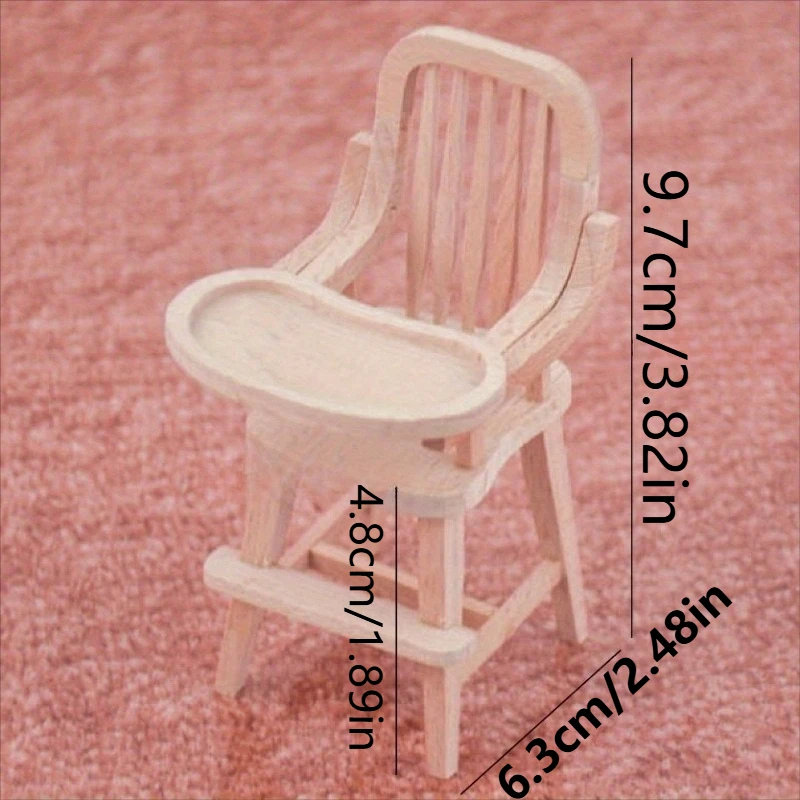 1/12 Scale Miniature Wooden Baby High Chair Model Realistic Dollhouse Furniture with Light Brown Wood Grain & White Accent