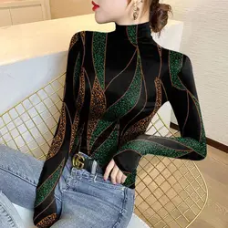 Women's Pullover Half High Neck Bottom Shirt Women's Autumn and Winter New Fashion Printing Stripe Long Sleeve T-shirt Slim Tops