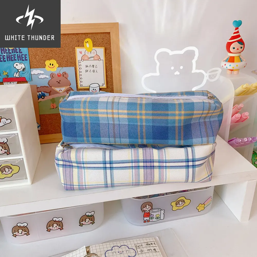 Ins Pencil Case Girls Korean Large-capacity Cute Plaid Pencil Case Box School Teenagers Multifunctional Kawaii Stationery Bag