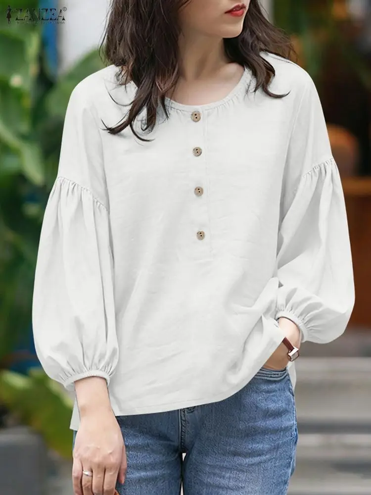 2026 ZANZEA Elegant 3/4 Lantern Sleeve Blouse Autumn Summer Women Tops Casual Solid Work Shirt Female O Neck Buttons Dwn Shirts