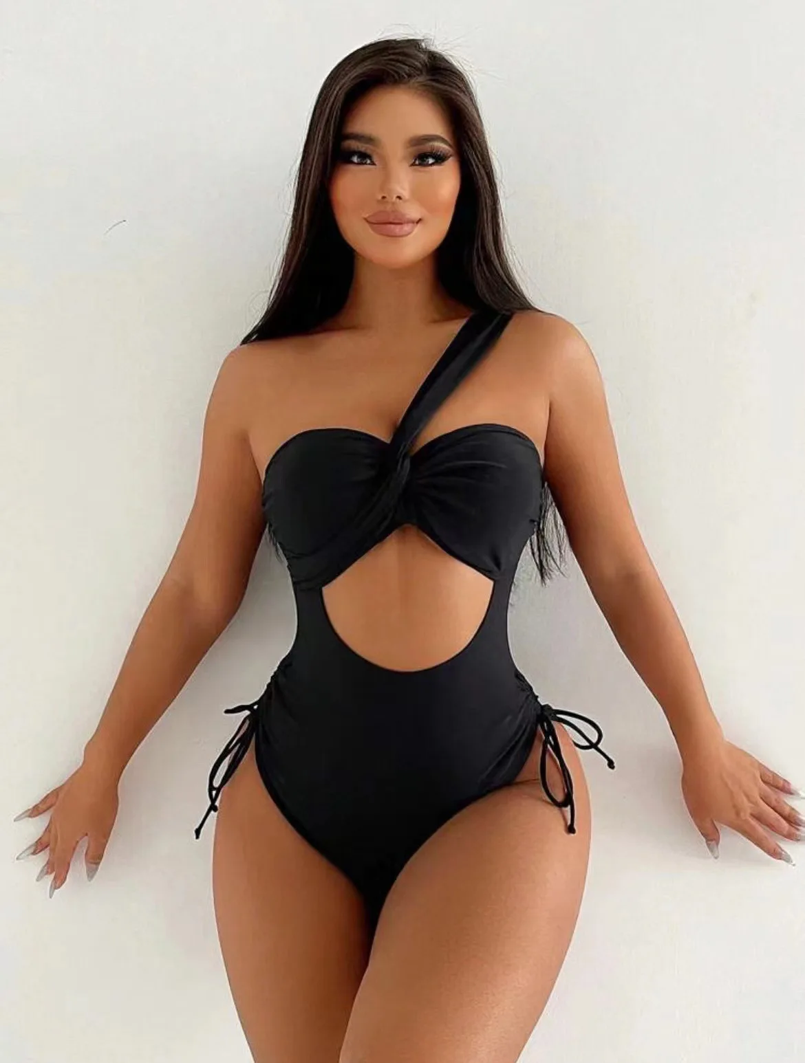 2024 New High end Swimsuit Solid Color One Piece Sexy Women's Chest Gathering Bikini Swimsuit