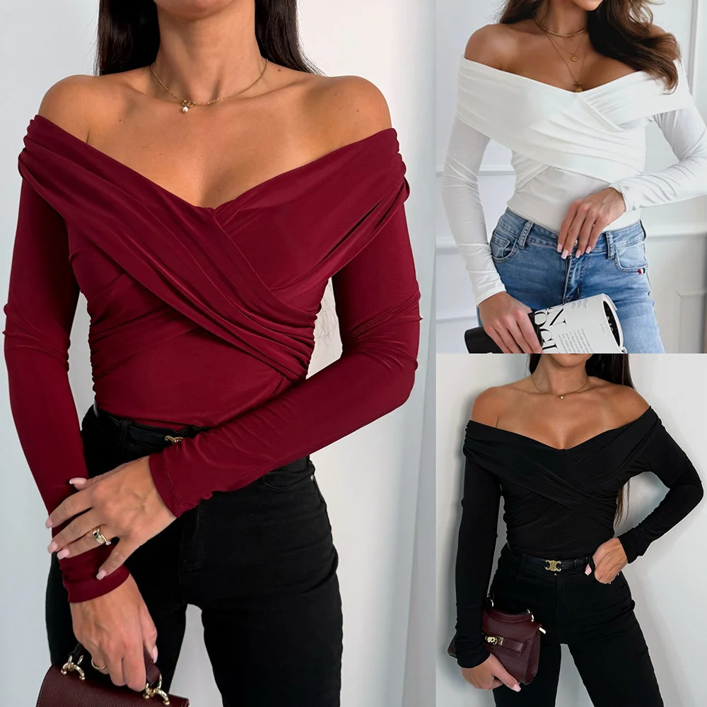 

Новый весенний стиль, гонконгский стиль, ретро темперамент, топ на одно плечо с перекрестными рукавами, тонкая и сексуальная футболка с открытыми плечами для женщин