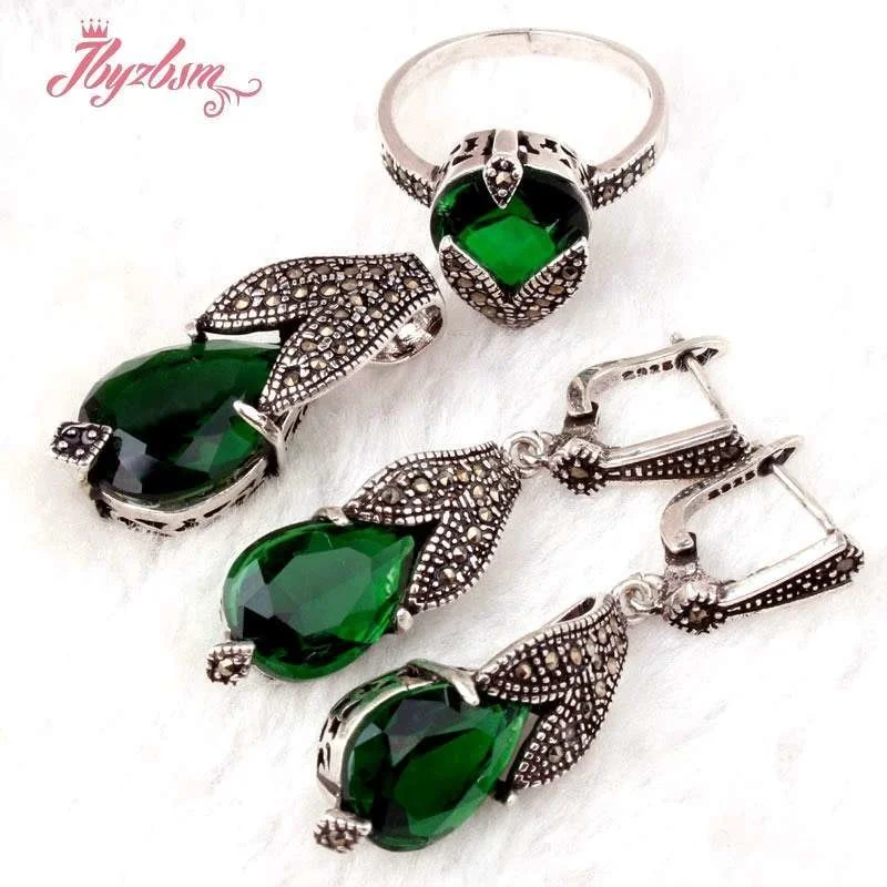 Drop Agates CZ Crystal Shell Marcasite Tibetan Silver Gorgeous Fashion Necklace Pendant Earring Ring Women Fashion Jewelry Set