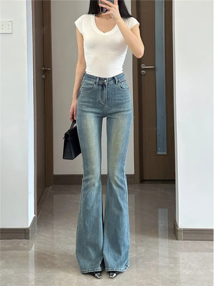 

Американские ретро-джинсы-клеш для женщин, летние, удлиненные, с высокой талией, темно-синие, из денима, для стройности фигуры