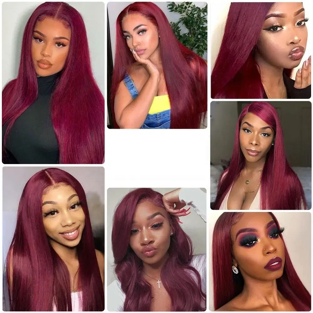 Burgundy 99J 13x4 Lace Frontal Bone Straight Hair Lace Front Wig Real Hair Wig Pre Plucked Real Indian Hair