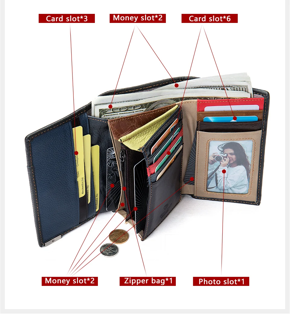 Lehmanahast rahakott, mis sisaldab mitmeid kaardi- ja rahaslotte, tõmblukuga tasku ning fototaskut. Mitmevärviline disain pakub praktilist ja stiilset lahendust.