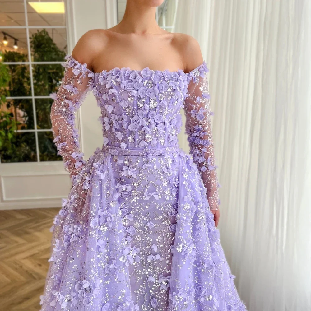 Elegant Strapless Long Sleeves Flowers Evening Dresses Fashion Beads Sequined Women Wedding Party Gowns Formal Prom Dresses