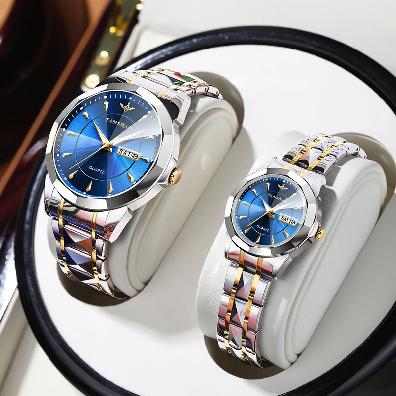 TANSHAO Couple Watches Elegant Fashion Original Quartz Lover Wristwatch Waterproof Luminous Date Anniversary Gift His and Her