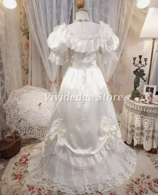 사용자 정의 빈티지 푹신한 슬리브 새틴 웨딩 드레스 프랑스어 활 레이스 Tulle 신부 가운 댄스 파티 드레스 이브닝 가운