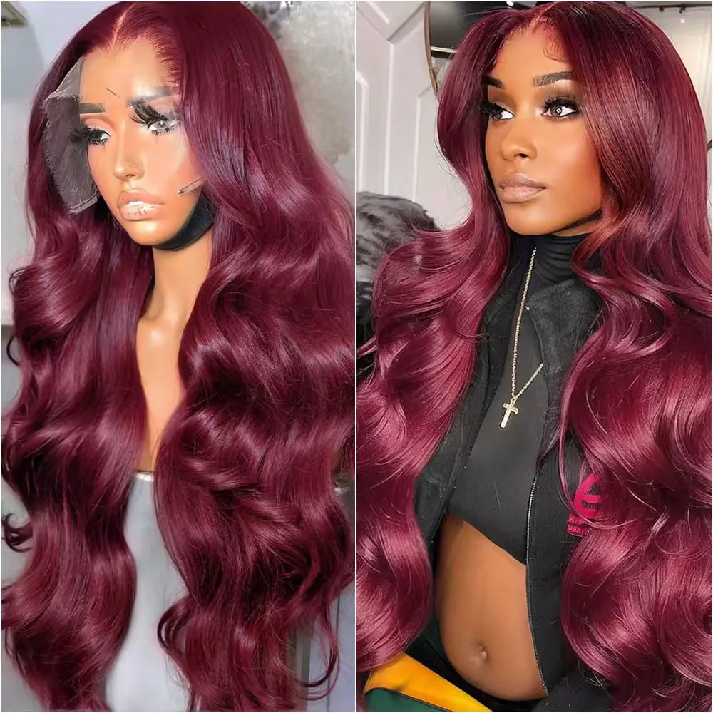 

99J Бордовый 100% человеческие волосы 13x6 Парик фронтальной части шнурка Объемная волна 30 32 40 дюймов 13x4 HD Парики фронта шнурка Красное вино Волна воды Бразильский