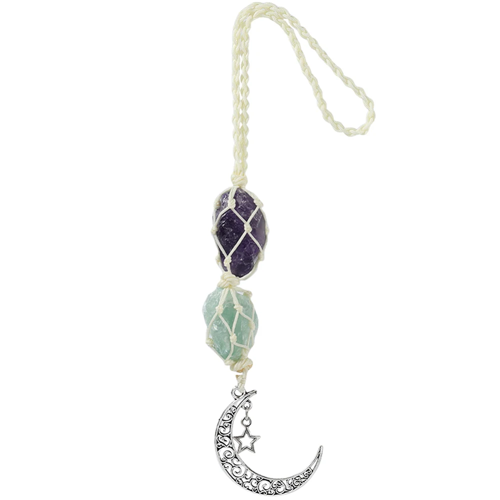Hanging Car Charms Amethyst Green Aventurine with Dangling Moon Star Pendant Rearview Mirror Decorations Car Charm Accessories