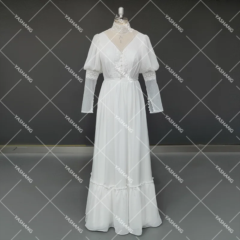 Robe de mariée musulmane à pois, manches longues lanternes, grande taille, coupe trapèze, en mousseline de soie et dentelle, perles