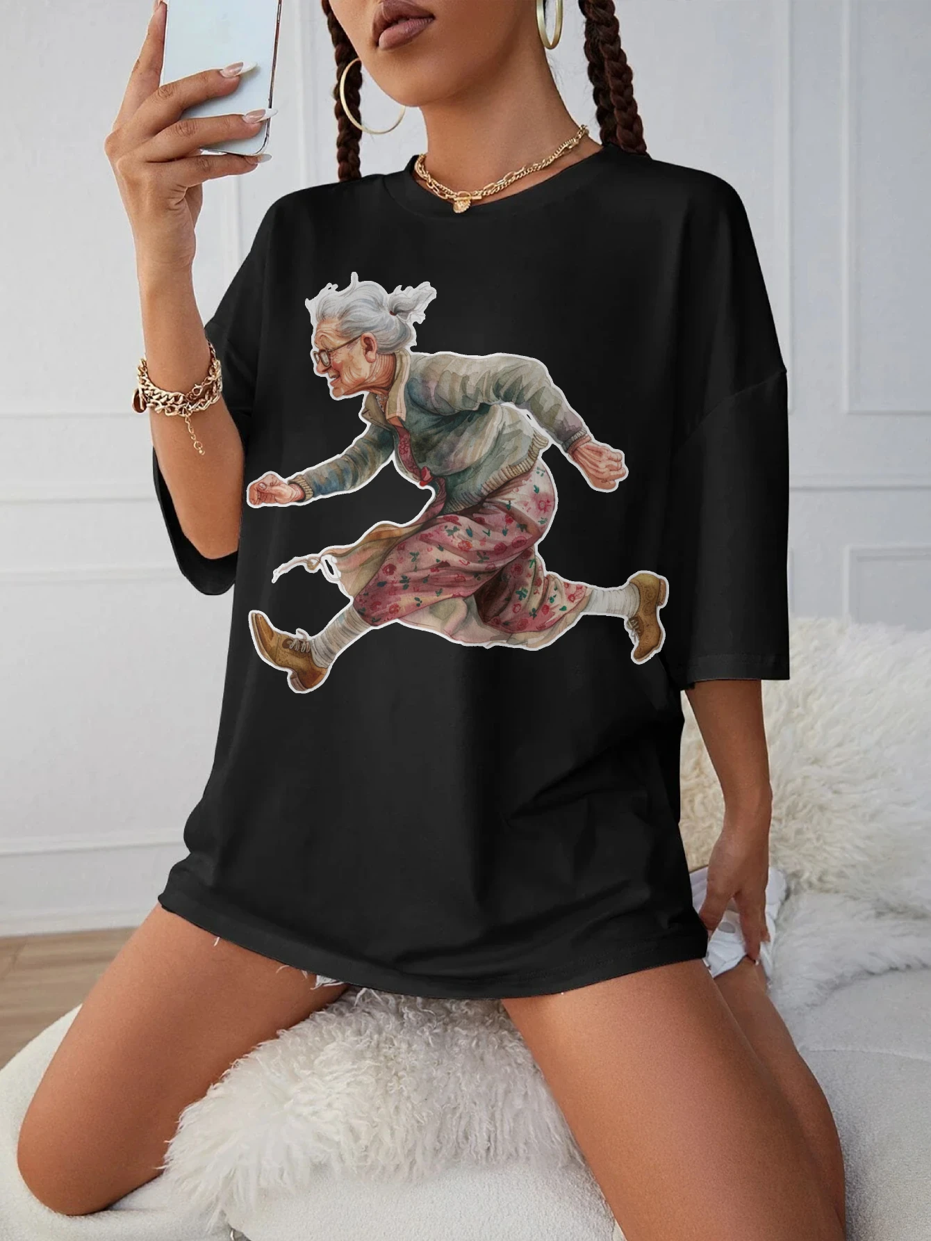 

Черная свободная футболка с круглым вырезом Quirky-Whimsical-Crazy-Grandma-Clipart, женская одежда для беременных на лето для позднего беременности