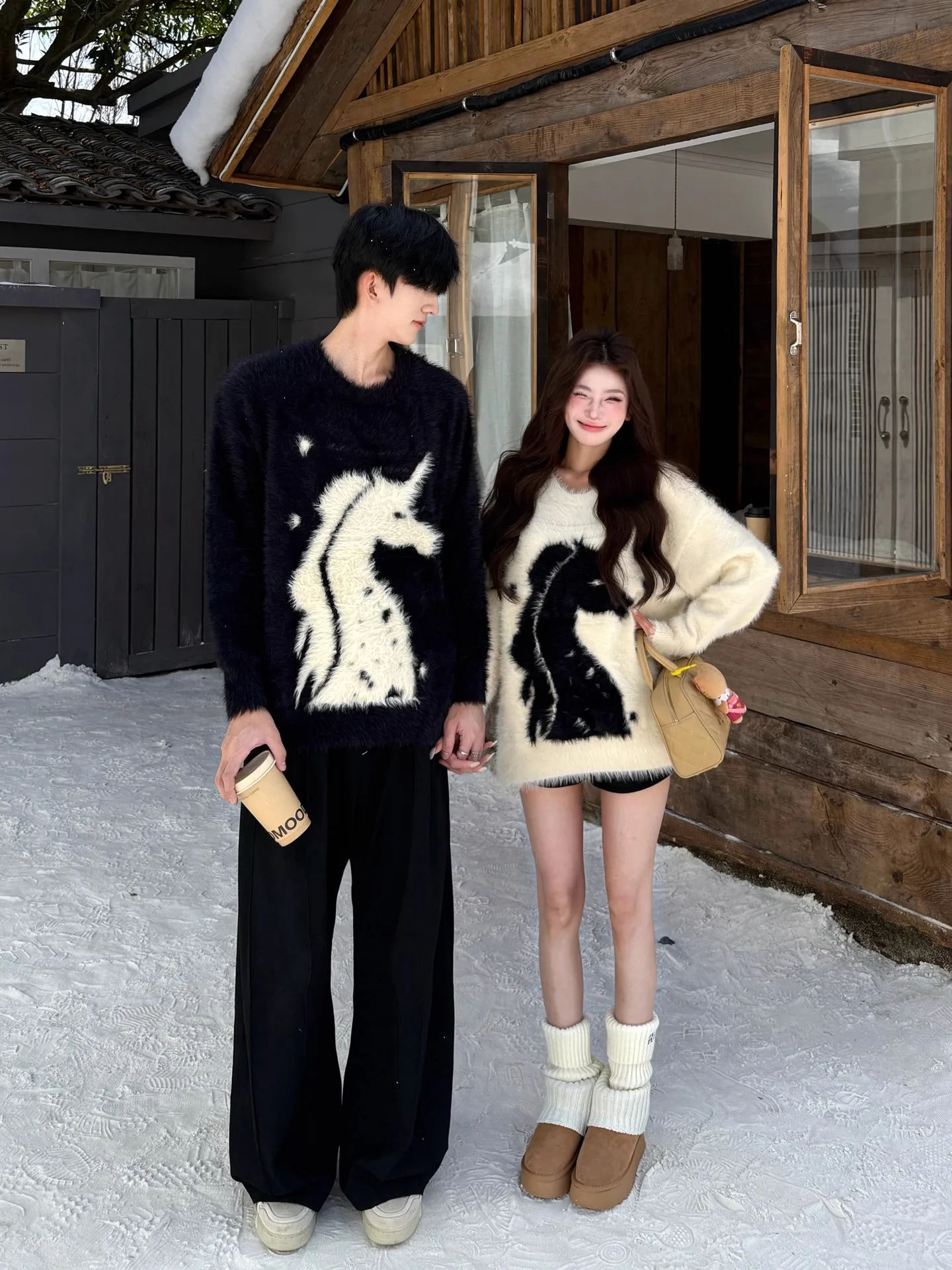 Loose Unisex Unicorn Knitted Sweater Fake  Fur Soft Cozy Autumn Winter Fashion Commute Style Long Sleeve round Neck Top