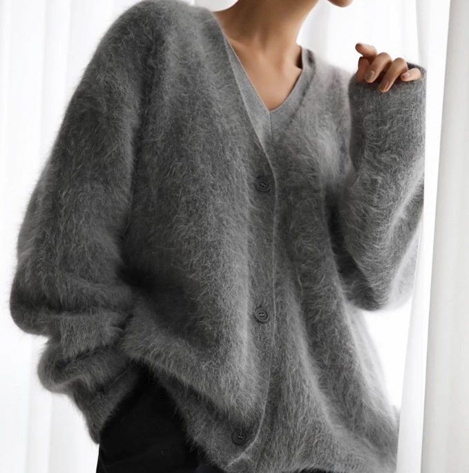 

Mink V-neck Knitted Sweater Women's Loose Solid Color Cardigan Women's Coat