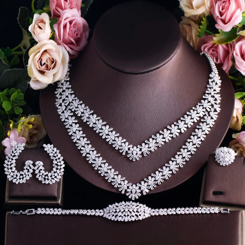 

Luxury Full Diamond Cubic Zircon Necklace, Earrings, Bracelet, Ring, Four Piece Set, Bride's Wedding Dress Jewelry LYT0316