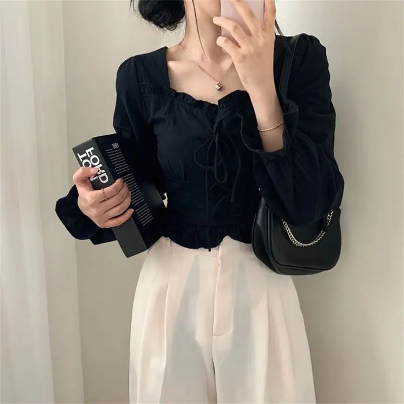 Korean Spring Autumn New Style Reduced Age Retro Unique Design Sense Simple Square Collar Waist Strap Up Small Shirt Women