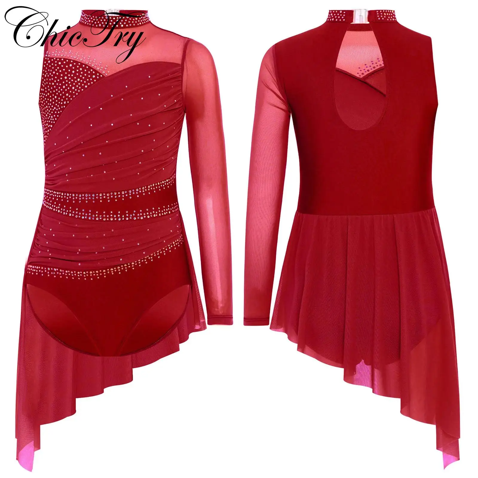 

Kids Girls Lyrical Dance Dress Figure Skating Modern Contemporary Dance Costumes Rhinestones Ruched Mesh Skirted Leotard Dresses