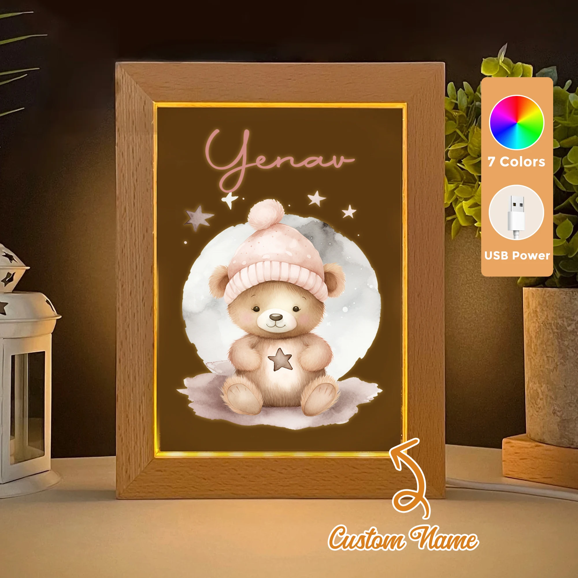 

2D Flat Custom Name Pink Bear LED Acrylic Night Light Wood Photo Frame 21x17cm Cartoon Children Bedroom Gifts Home Decor